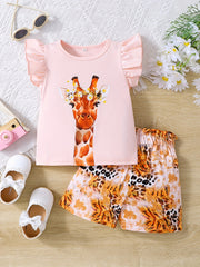 Toddler Girls Giraffe Graphic T Shirts & Leopard Shorts Set