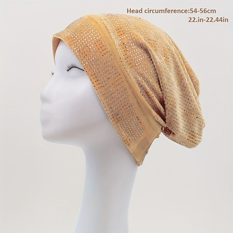 Rhinestone Velvet Turban Cap Slouchy Beanie Head Wrap Lightweight Bonnet