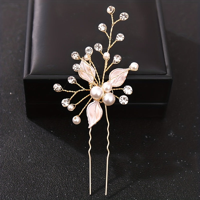 Crystal Faux Pearl Leaf Hair Pins Clips for Women Bride Hair Jewelry Wedding