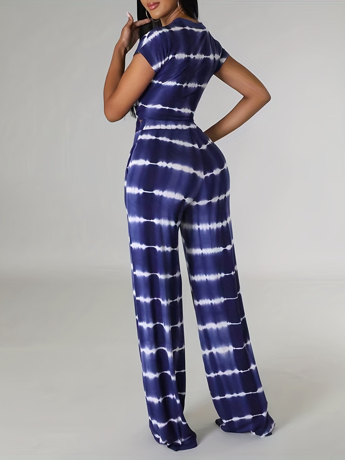 Striped Print Casual Two piece Set Knotted Short Sleeve Tee & High Waist Pants