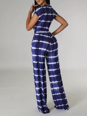 Striped Print Casual Two piece Set Knotted Short Sleeve Tee & High Waist Pants