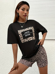 Leopard Print Two Piece Set Casual Short Sleeve T shirt & Skinny Shorts