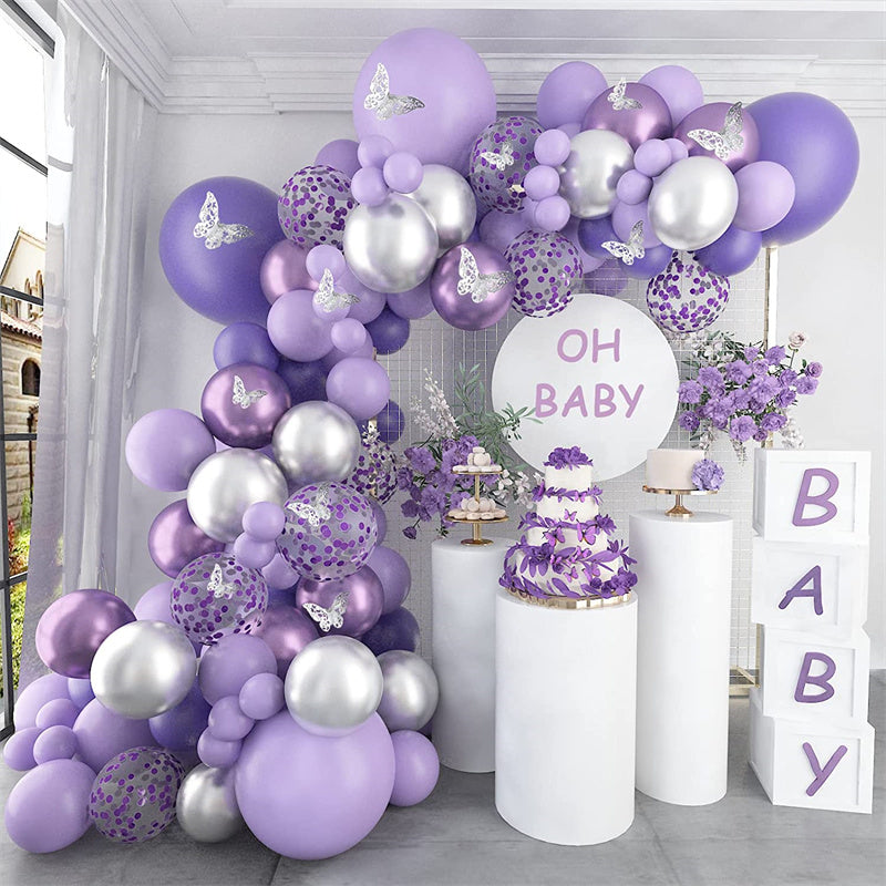 124pcs Baby Shower Decoration Macaron Purple Balloons & 3D Butterfly Stickers