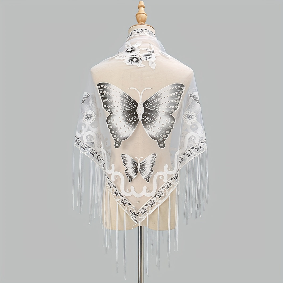 Vintage Butterfly Embroidery Tassel Shawl Lace Wraps for Women