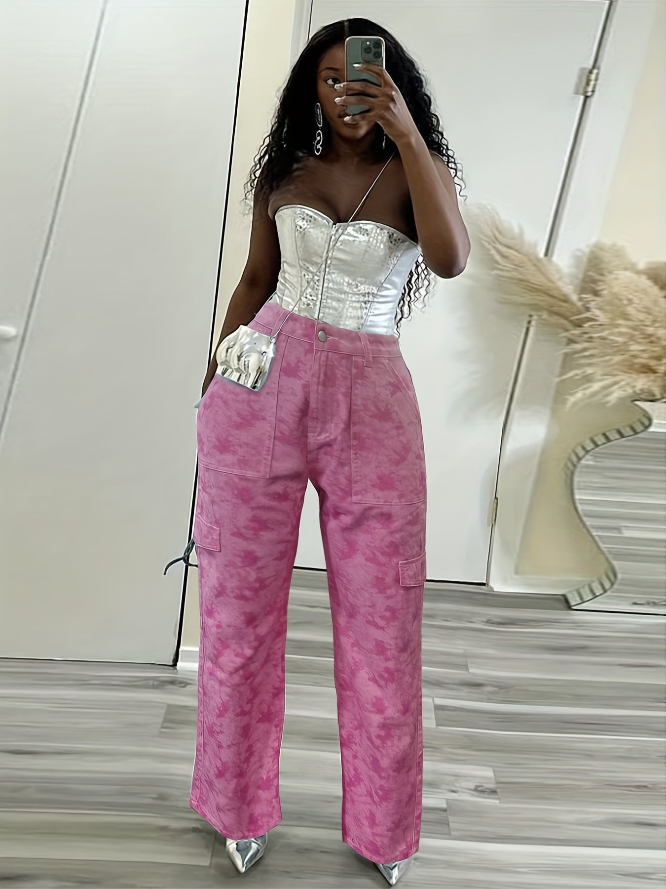 Pink Tie Dye Print Jeans Loose Casual Straight Leg Denim Pants