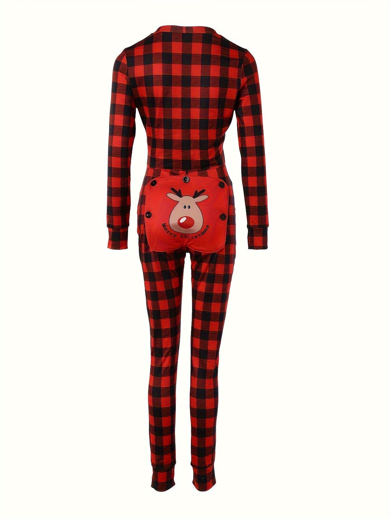 Christmas Elk Print Pajama Jumpsuit Long Sleeve V Neck Buttons Plaid Pajamas