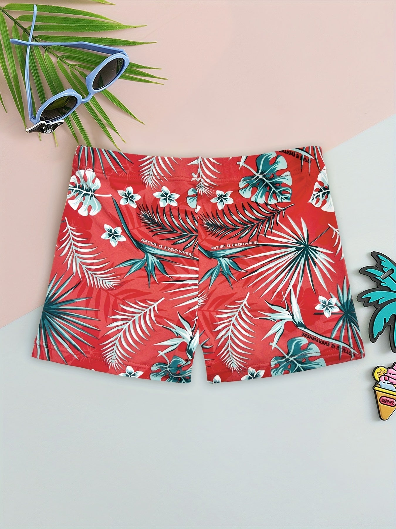 Boy's Tropical Leaf Swim Trunks High Stretch Boxer Swimwear