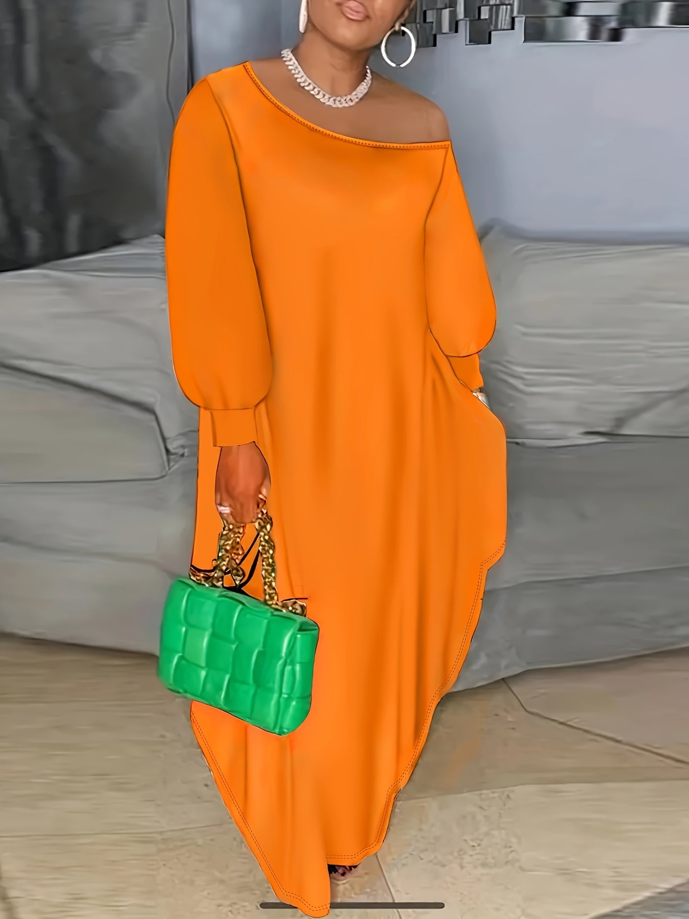 Plus Solid Lantern Sleeve One Shoulder Maxi Dress