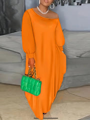 Plus Solid Lantern Sleeve One Shoulder Maxi Dress