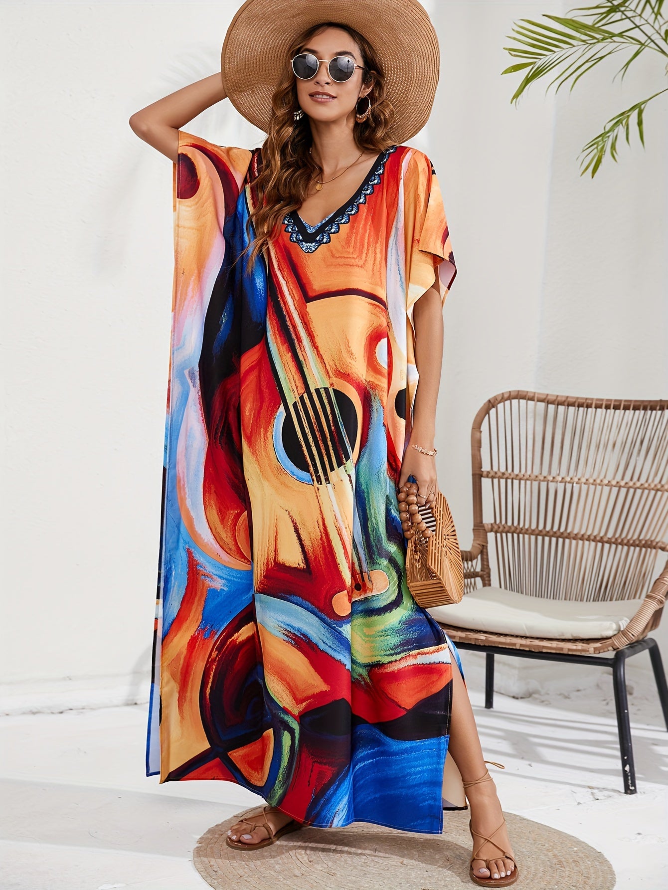 Abstract Print Batwing Sleeve V Neck Kaftan Beach Cover Up Dress