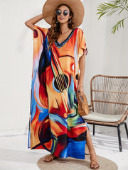 Abstract Print Batwing Sleeve V Neck Kaftan Beach Cover Up Dress