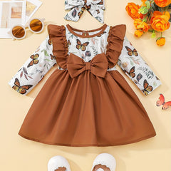 Baby Girls Butterfly Print Big Bow Dress Headscarf 2pcs Suit