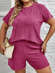 Ribbed Knit Lounge Set Short Sleeve Top & Shorts Pajama