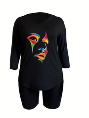 Women's Plus Abstract Figure Print Tee & Shorts Set