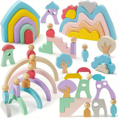 Wooden Building Blocks 46pcs Rainbow Monster Tree House Mountain Landscape Toy