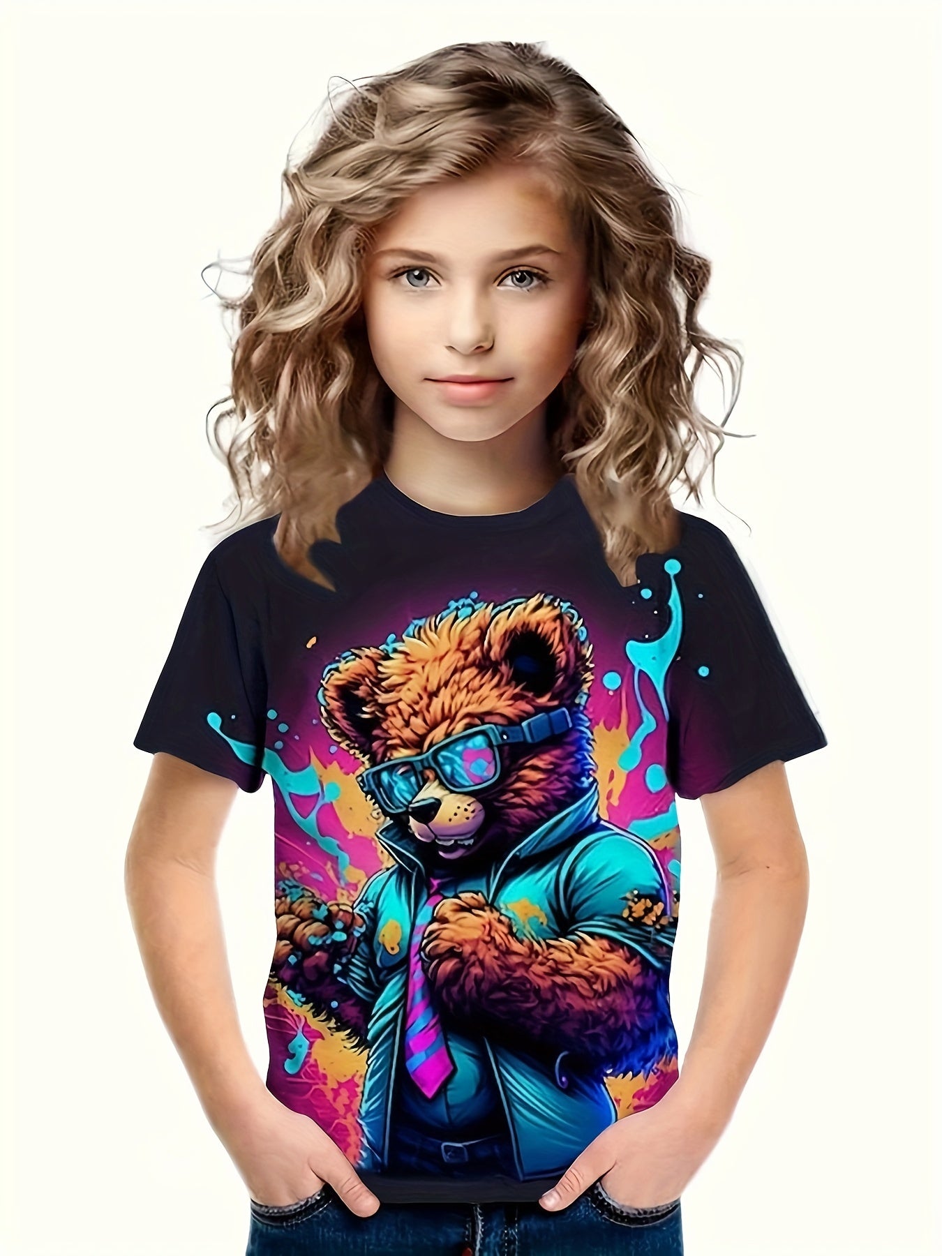 Rock Bear Graphic Short Sleeve T-shirt for Girls