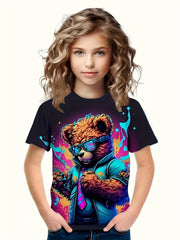 Rock Bear Graphic Short Sleeve T-shirt for Girls