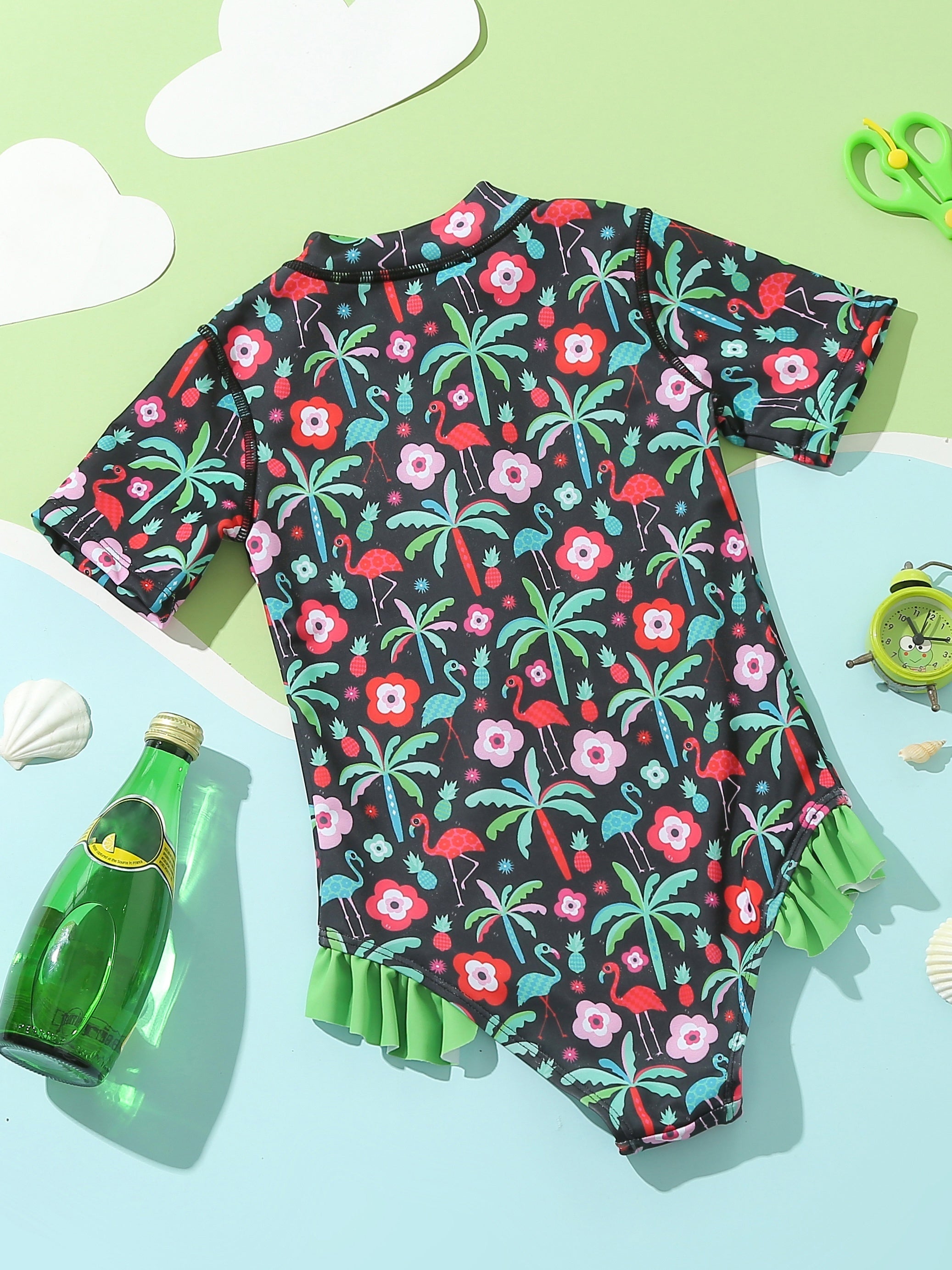 Flamingo & Flowers Graphic Short Sleeve Swimsuit