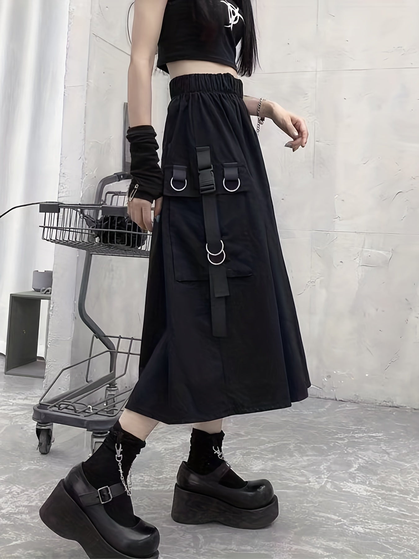 Solid Flap Pockets High Waist Skirt Casual Skirt For Spring & Fall