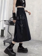 Solid Flap Pockets High Waist Skirt Casual Skirt For Spring & Fall