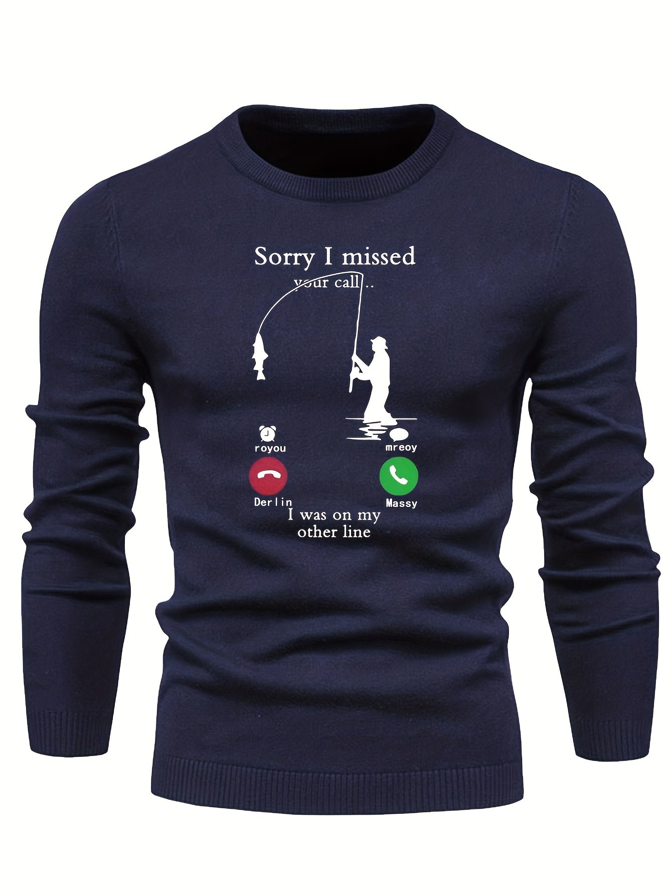 Fishing Pattern Novel Sweater Men's Casual Warm Stretch Crew Neck Pullover