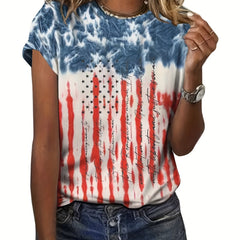 Flag & Letter Print T shirts Round Neck Short Sleeve Casual Top Women's Clothing