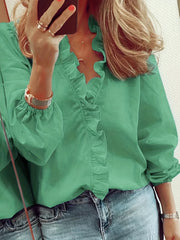 Ruffle Trim Lantern Sleeve V Neck Blouse