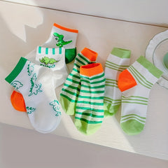 5 Pairs Boys Dino Print Crew Socks Thin Breathable Striped Casual Knit Socks