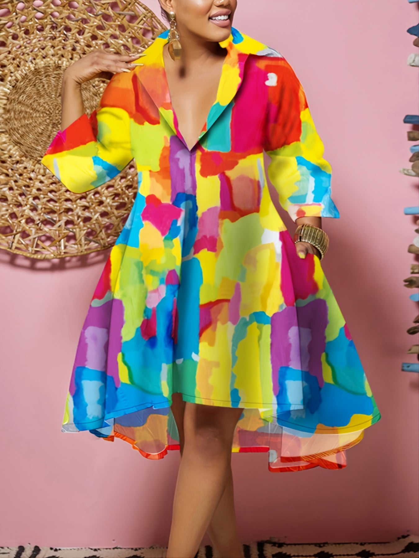 Print V Neck Midi Dress Women's Plus Party Dress