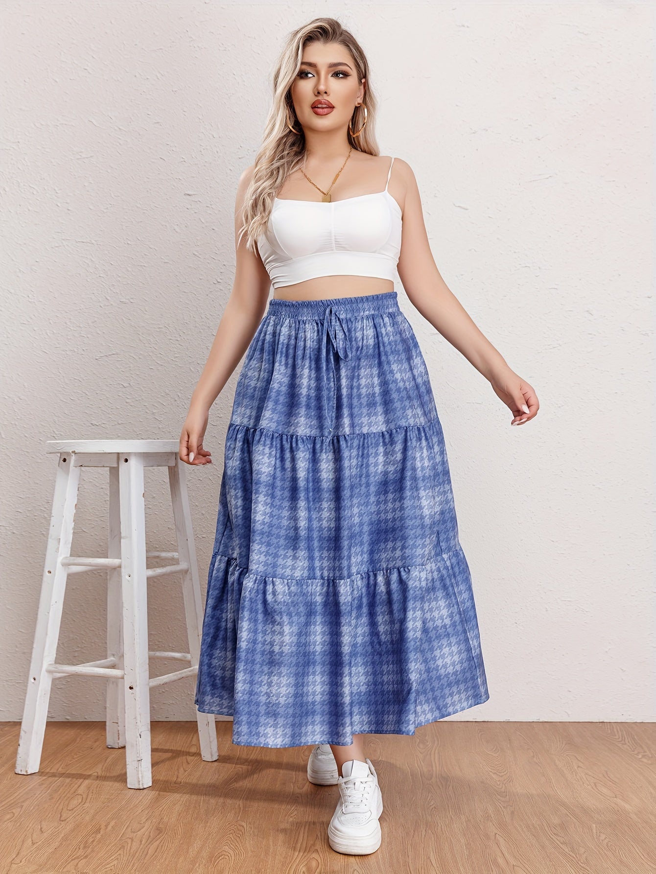 Ombre Houndstooth Print Maxi Skirt