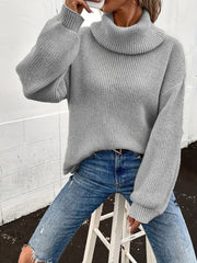 Solid Turtle Neck Pullover Sweater Long Sleeve Drop Shoulder