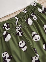 Panda Print Pajamas Set Short Sleeve Top & Shorts - Women's Sleepwear