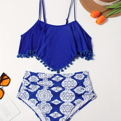 Plus Size Fringe Colorblock Bikini Set Women's Vacation Swimsuit Beachwear