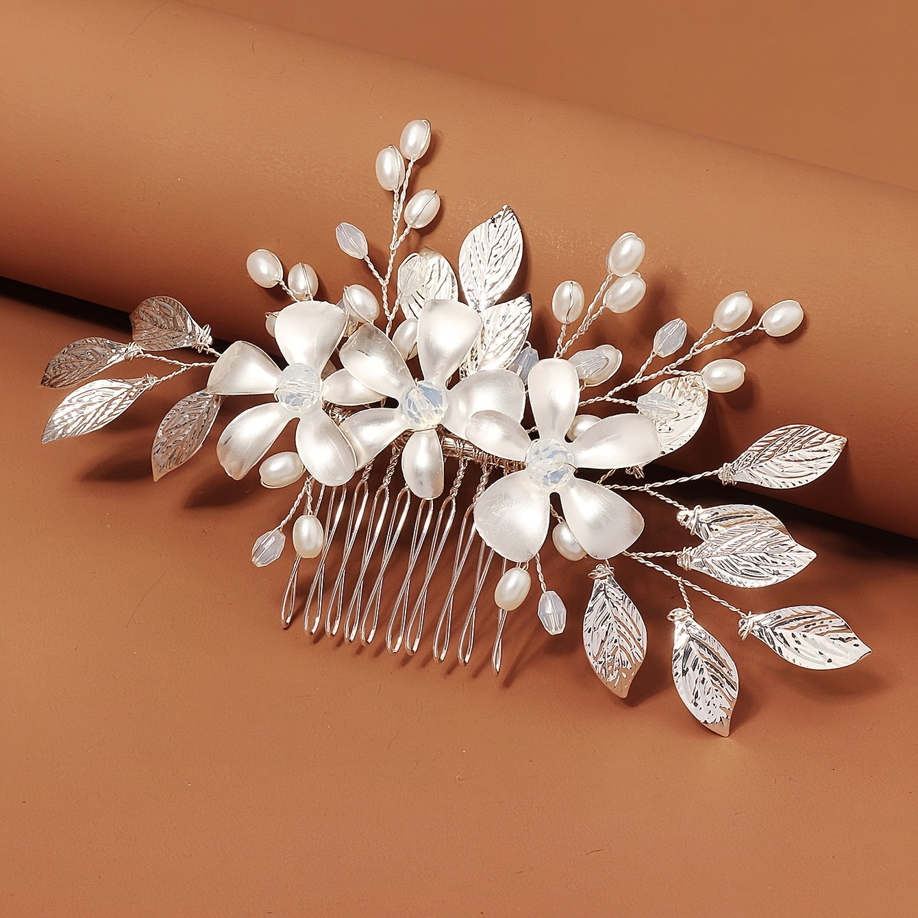 Bride Hair Comb Silvery Leaves Faux Pearl Bridal Hair Side Combs