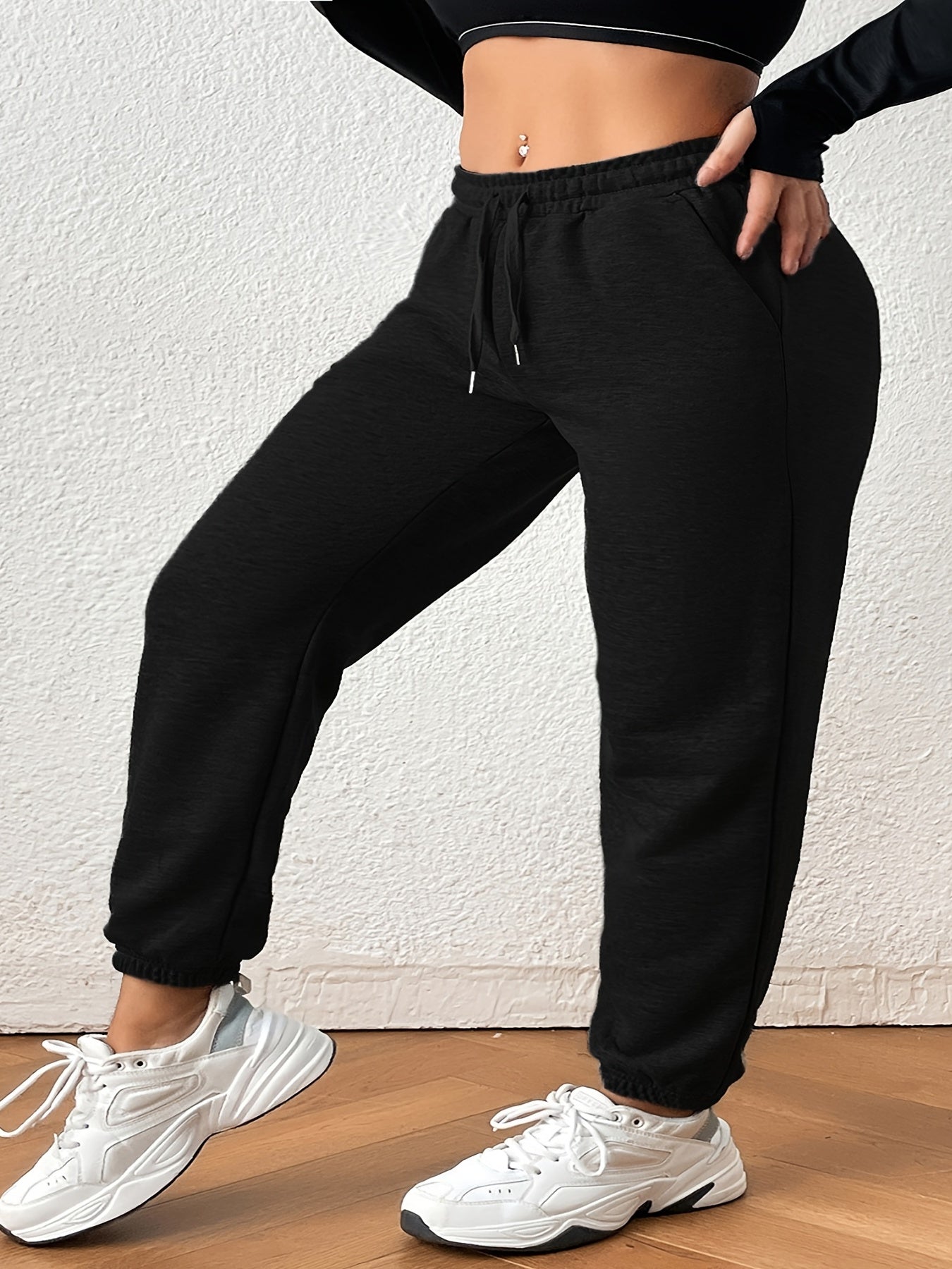 Sports Pants Women's Plus Solid Elastic Waist Gym Joggers With Pockets