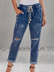 Distressed Drawstring Denim Pants Slash Pockets Ripped Jeans