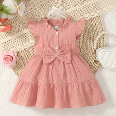 Baby Girls Cotton Ruffled Puffy Dress With Bow