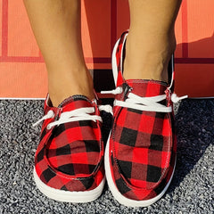 Christmas Red Plaid Pattern Flat Shoes Women's Casual Lightweight Soft