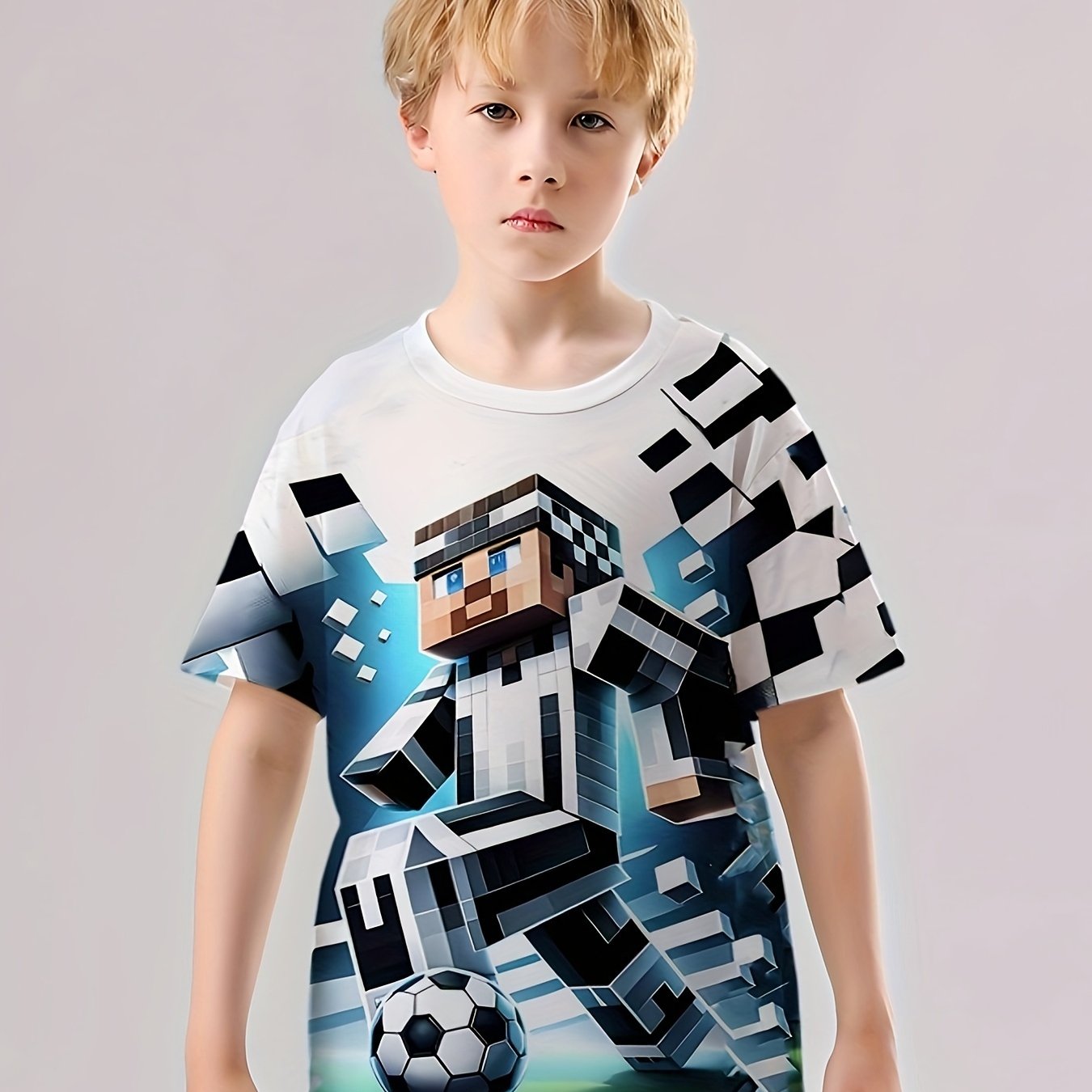 Pixel Football Player T-Shirt Boys Short Sleeve Top Summer Kids Outgoing Clothes