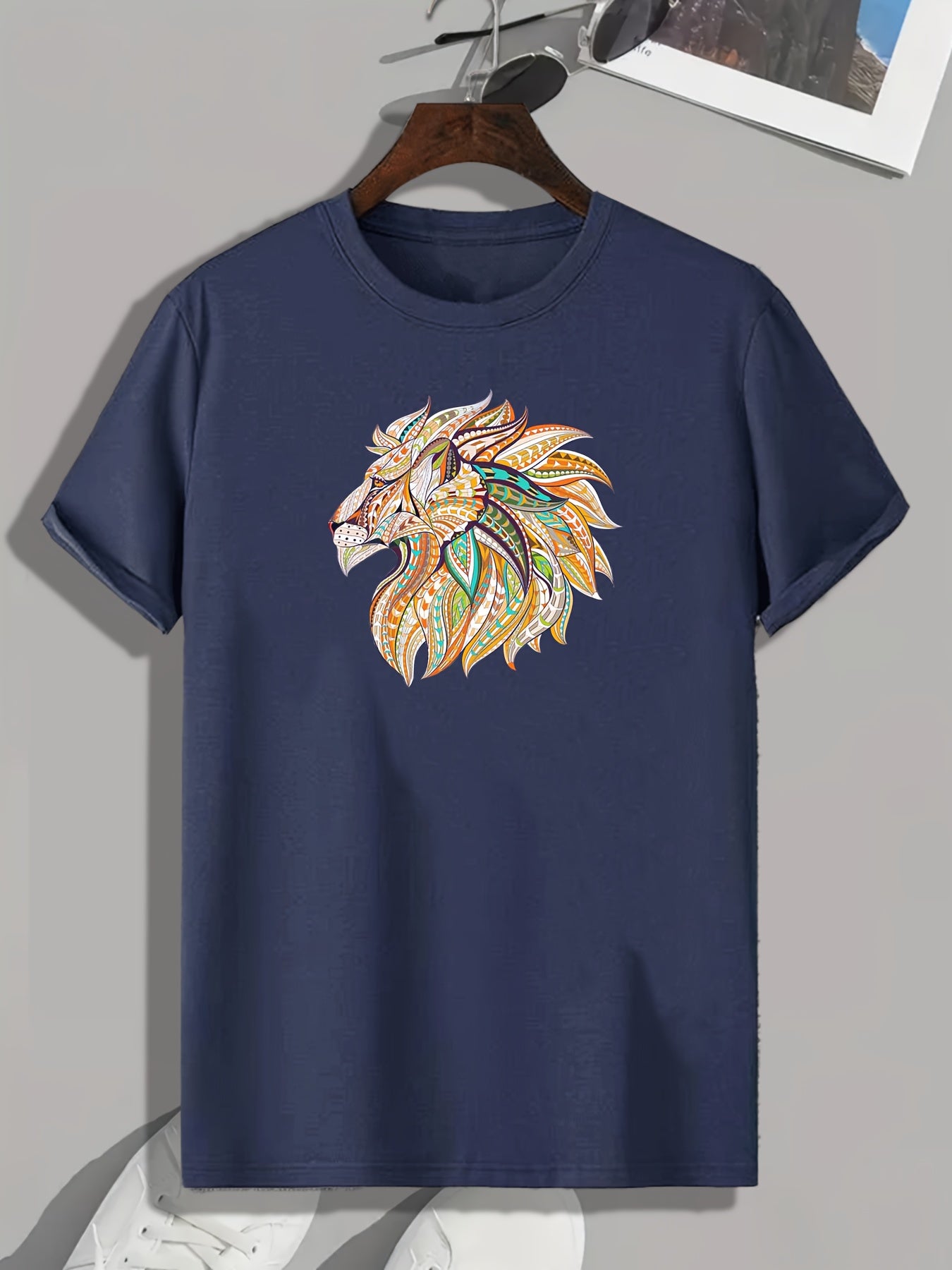 Art Style Lion Pattern Print Men's Comfy Sports T-shirt