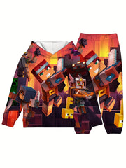 Boy's Pixel Fighter Print Hoodie & Sweatpants Set