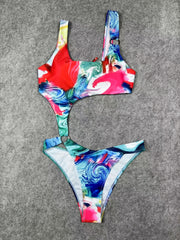 Colorful Print One Piece Swimsuit with High Low Cover Up Dress Women's