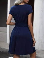 Surplice Neck Cap Sleeve Dress Casual Shirred Waist Solid Dress