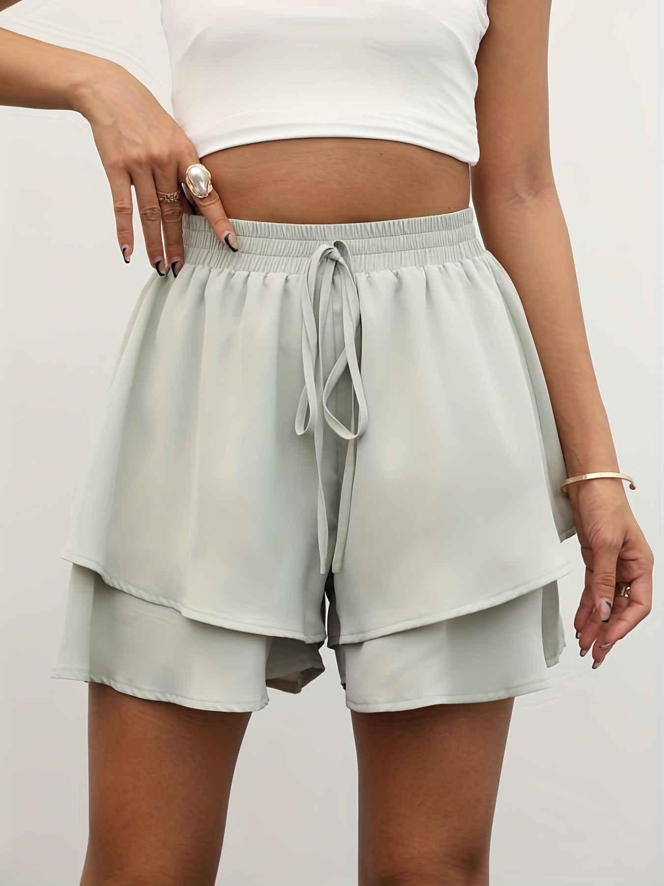 Layered Drawstring Shorts Elastic Waist Women's Clothing