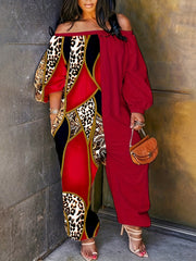 Colorblock Leopard Print Off Shoulder Jumpsuit