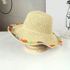 Boho Sun Hat Wide Brim Foldable Straw Bucket Hat