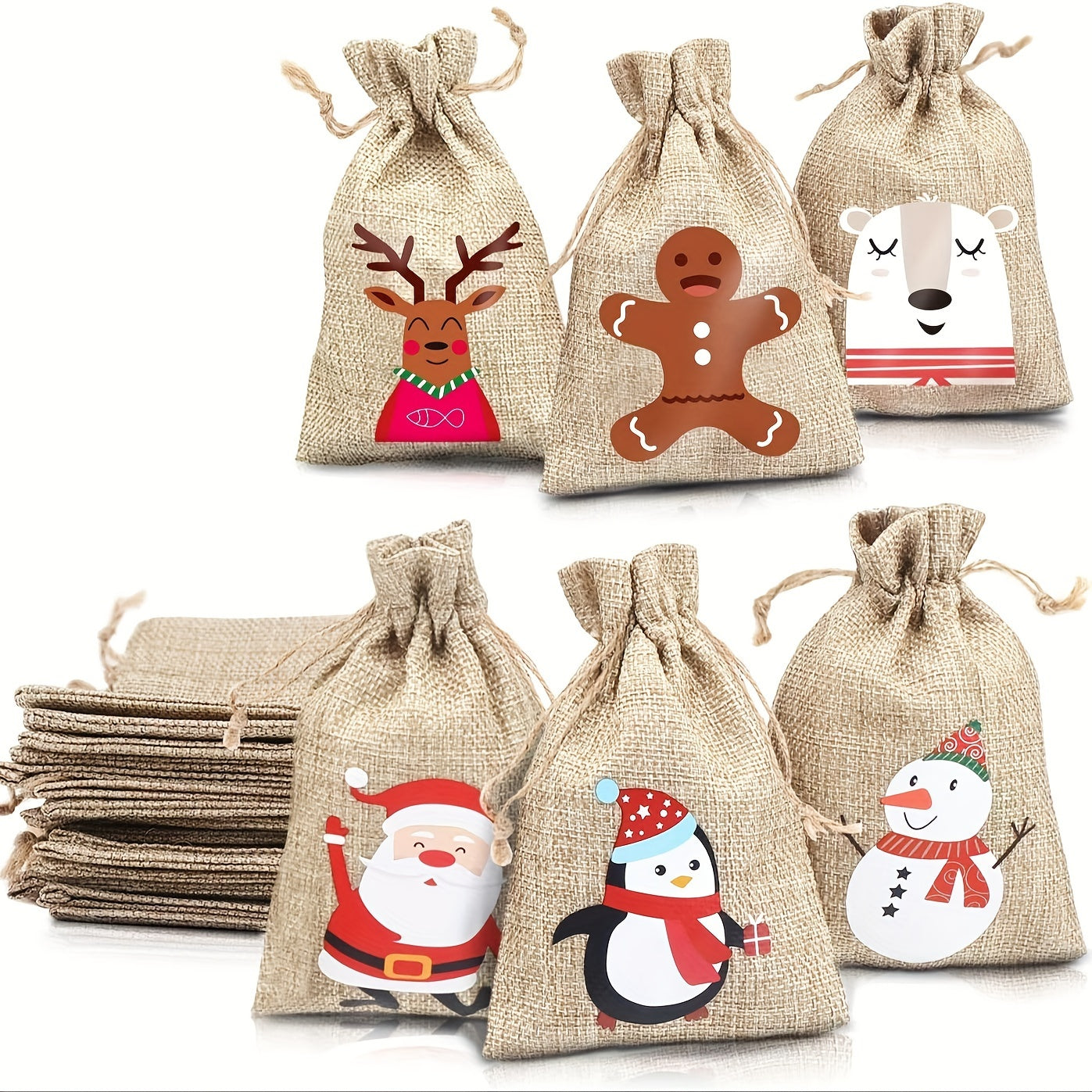 6pcs Xmas Jute Linen Drawstring Gift Bags for Favors Navidad