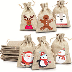 6pcs Xmas Jute Linen Drawstring Gift Bags for Favors Navidad