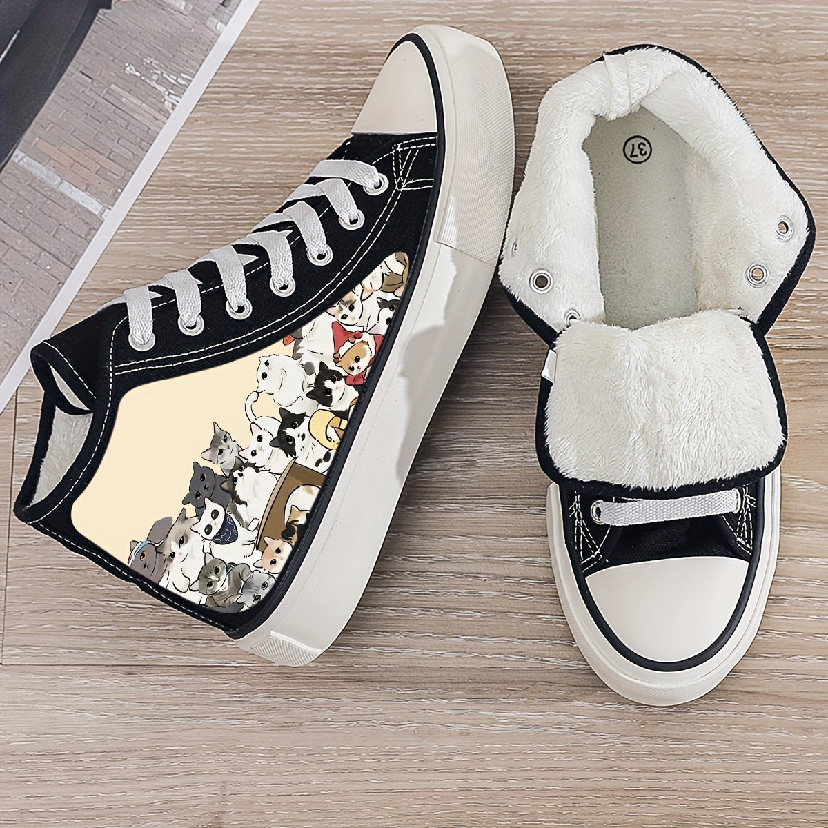 Kitten Print Plush Lined Thermal Chunky Canvas Sneakers