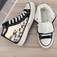 Kitten Print Plush Lined Thermal Chunky Canvas Sneakers